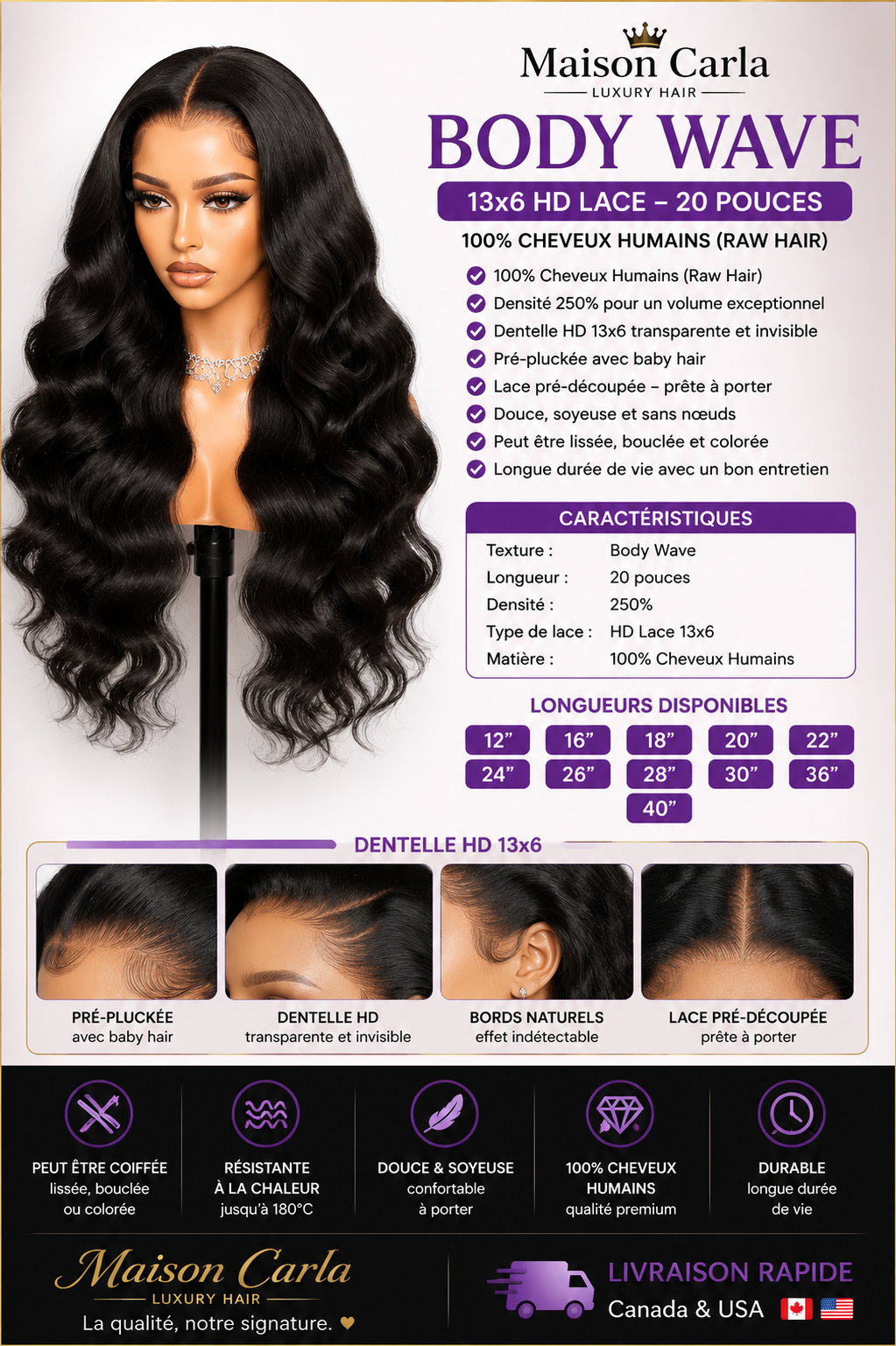 Body Wave 13x6 HD Lace – 20 Pouces – 100% Cheveux Humains (Raw Hair)