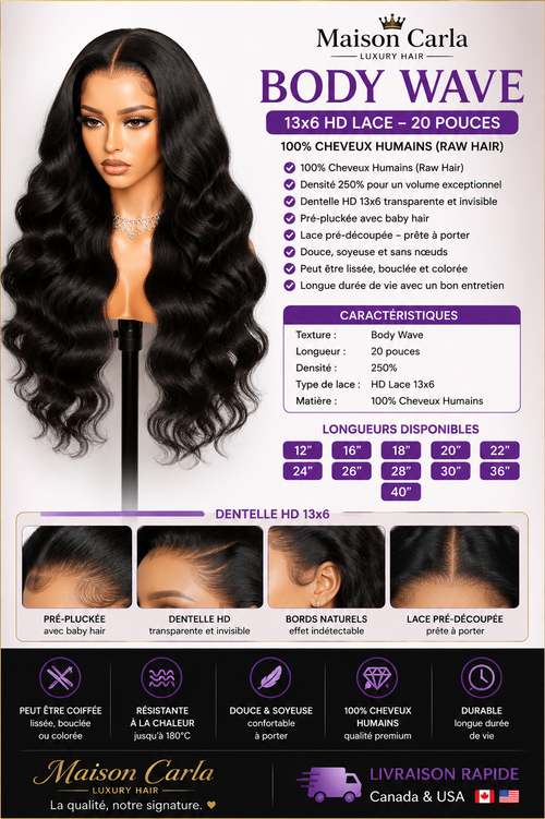 Body Wave 13x6 HD Lace – 20 Pouces – 100% Cheveux Humains (Raw Hair)