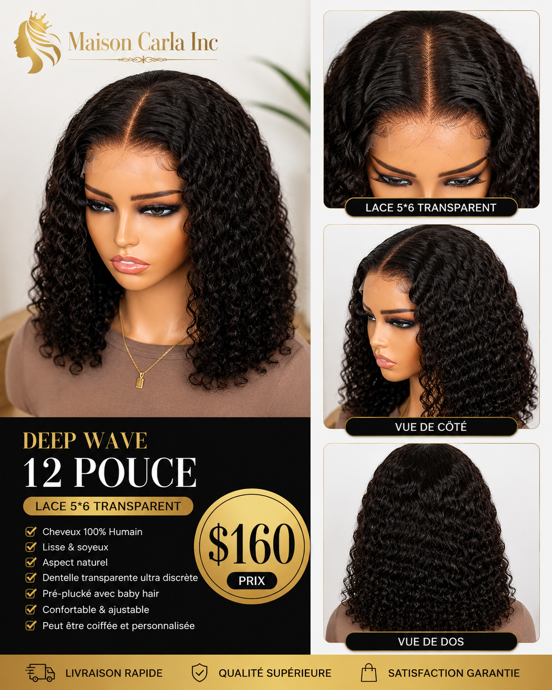 Perruque Deep Wave 12 Pouces – Lace 5×6 Transparent ✨