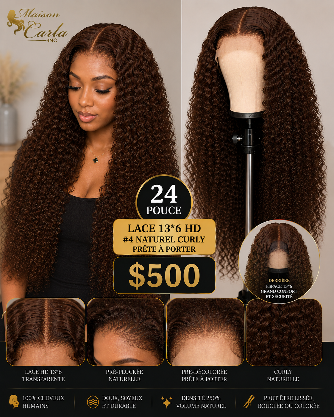 Perruque #4 Naturel Curly 24 Pouces – HD Lace 13×6 ✨