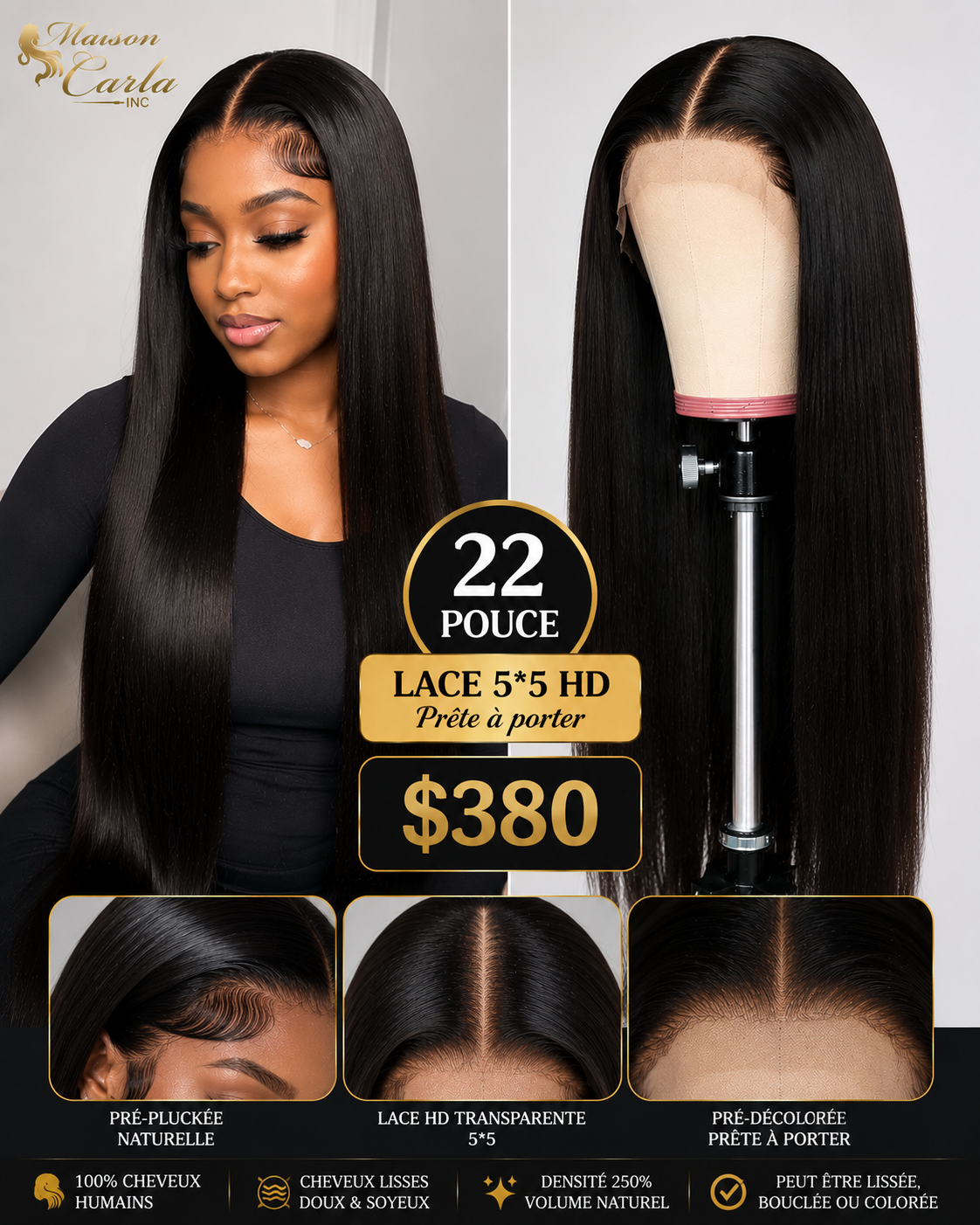 Perruque Straight 22 Pouces – HD Lace 5×5 Prête à Porter ✨