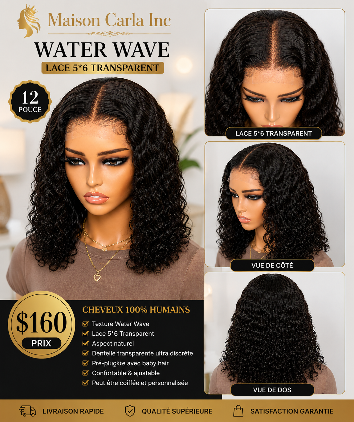 ✨ Perruque Water Wave 12 Pouces – Lace 5×6 Transparent ✨